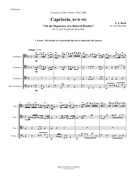 Capriccio BWV 992 "On the Departure of a Beloved Brother" for 4-part Trombone ensemble (arr. Marcellus, John)