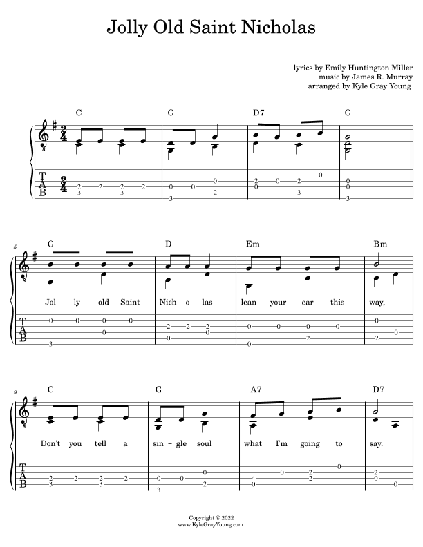 Jolly Old Saint Nicholas (easy fingerstyle guitar tablature) (arr. Kyle Gray Young)