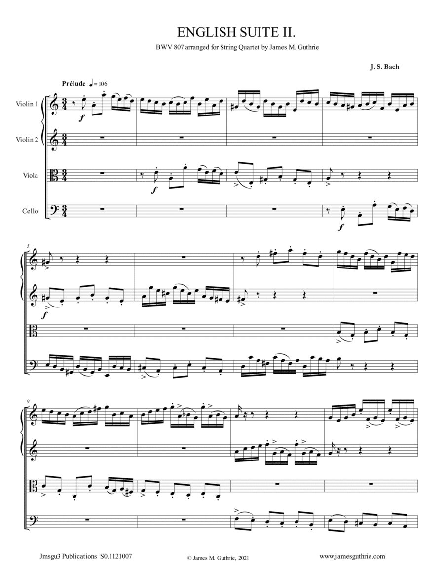 BACH: English Suite No. 2 BWV 807 for String Quartet (arr. James M. Guthrie)