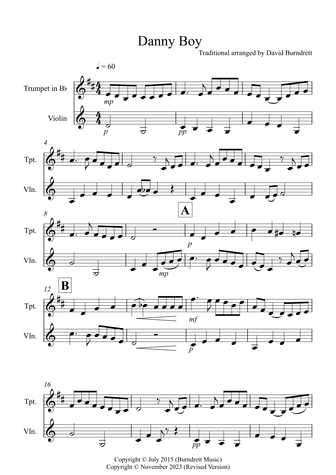 Danny Boy for Trumpet and Violin Duet (arr. David Burndrett)