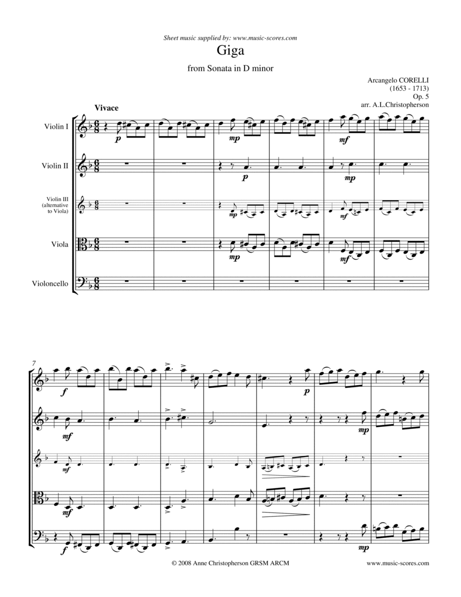 Giga from Corelli Sonata in D minor: String Quartet (arr. Anne L Christopherson GRSM ARCM)