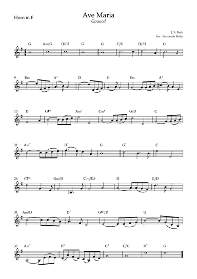 Ave Maria (Gounod) for Horn in F Solo with Chords (C Major) (arr. Fernando Britto)
