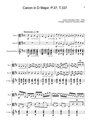 Canon in D Major, P.37; T.337. Arranged for Viola Duet and Classical Guitar. Score and Parts. (arr. Guilherme Facchetti)