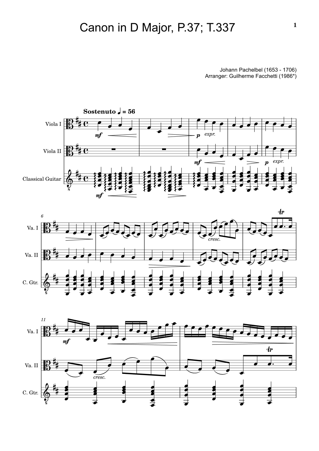 Canon in D Major, P.37; T.337. Arranged for Viola Duet and Classical Guitar. Score and Parts. (arr. Guilherme Facchetti)