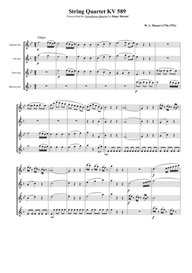 String Quartet KV 589 for Saxophone Quartet (SATB) (arr. Diego Marani)