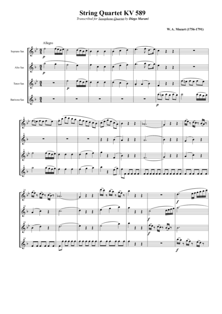 String Quartet KV 589 for Saxophone Quartet (SATB) (arr. Diego Marani)