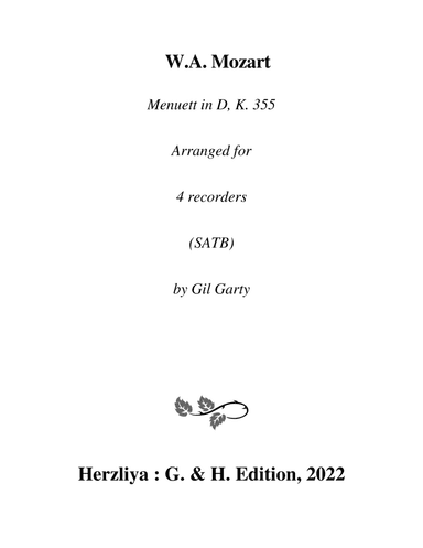 Menuett in D K. 355 (arrangement for 4 recorders) (arr. Gil Garty)