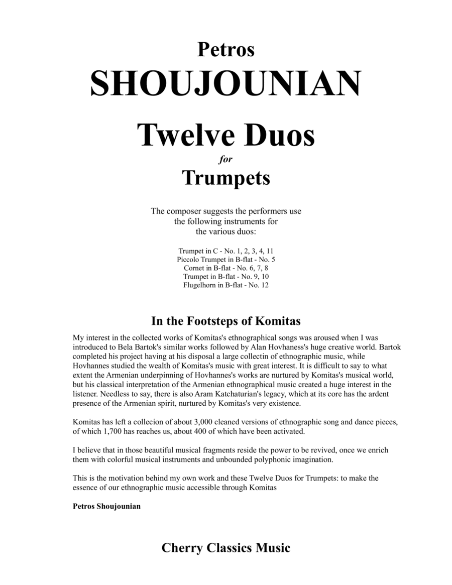 Twelve Duos for Trumpets based on Armenian Folk Songs