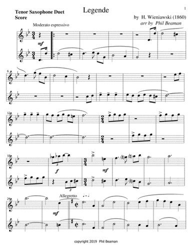 Legende-Wieniawski-Tenor Saxophone duet (arr. Phil Beaman)