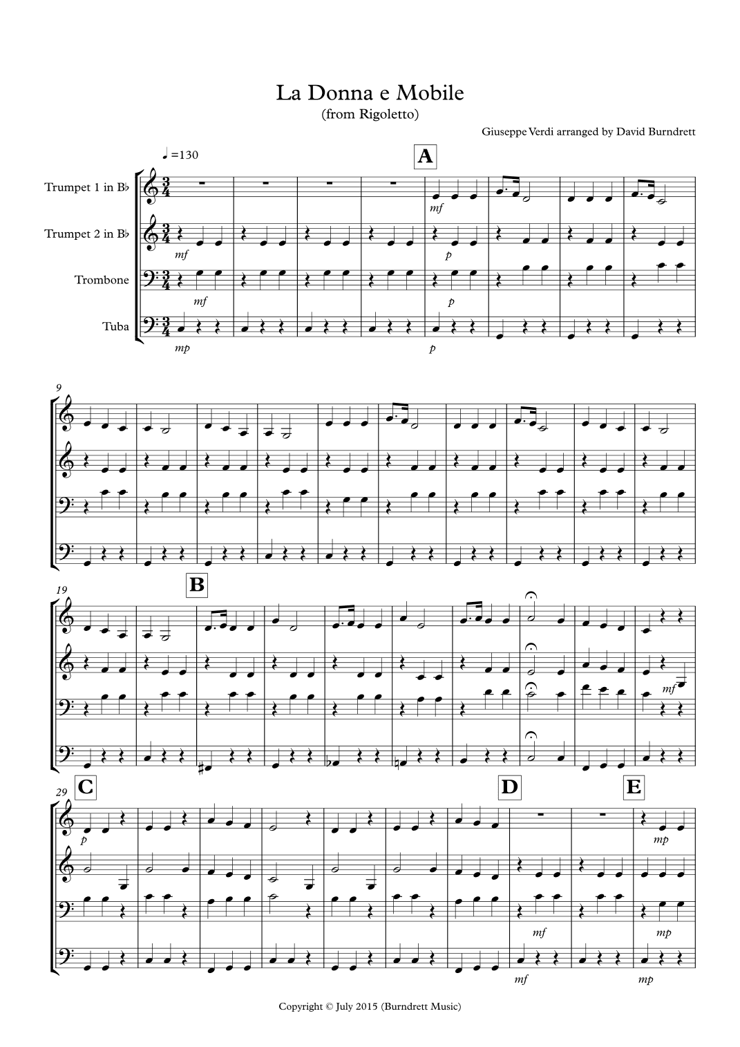 La donna e Mobile (from Rigoletto) for Brass Quartet (arr. David Burndrett)