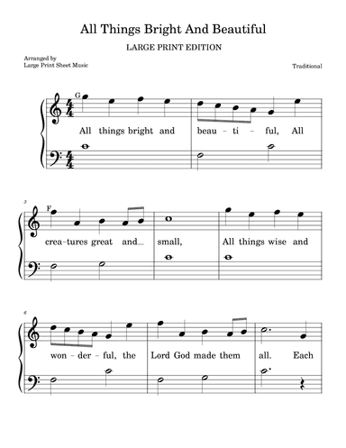 All Things Bright And Beautiful LARGE PRINT Easy Piano Solo (arr. Large Print Sheet Music)