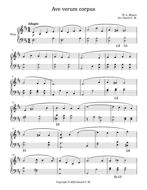 Ave verum corpus for harp (easy) (arr. Daniel C. M.)
