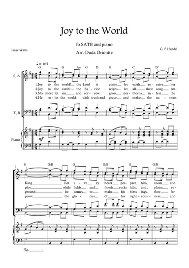 Joy to the World (G major - SATB - with chords - with piano - four staff) (arr. Duda Oriontte)