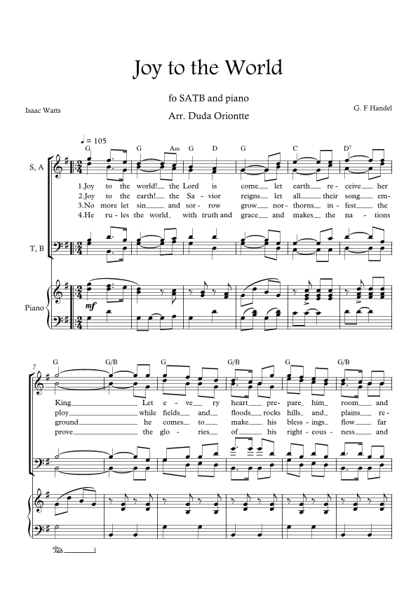Joy to the World (G major - SATB - with chords - with piano - four staff) (arr. Duda Oriontte)