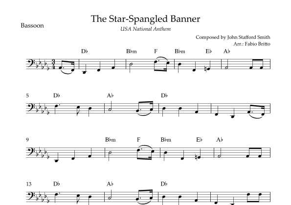 The Star Spangled Banner (USA National Anthem) for Bassoon Solo with Chords (Db Major) (arr. Fabio Britto)