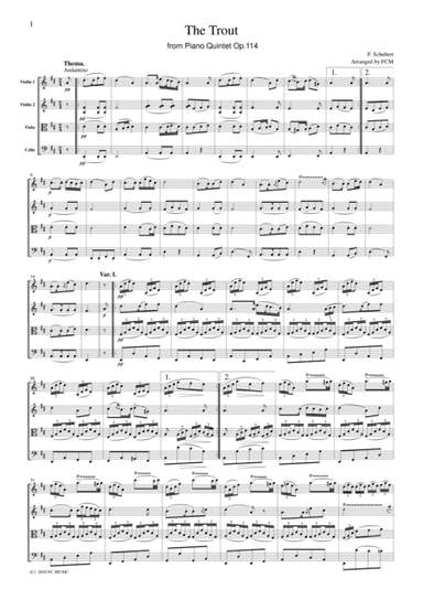 Schubert  The Trout from Piano Quintet Op.114, for string quartet, CS004 (arr. FCMUSIC)