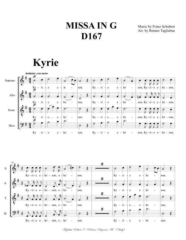 SCHUBERT - MISSA IN G - Arr. for SATB Choir and Organ (Combined SATB Choir Parts + Organ Part) (arr. Renato Tagliabue)