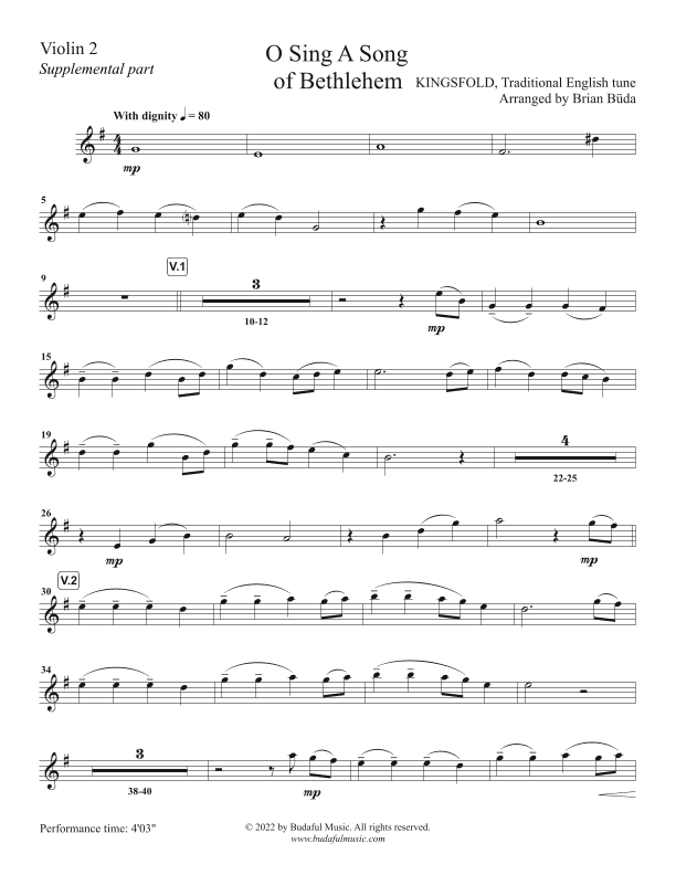 O Sing A Song Of Bethlehem (Kingsfold) - String supplemental duet parts2 (arr. Brian Buda)