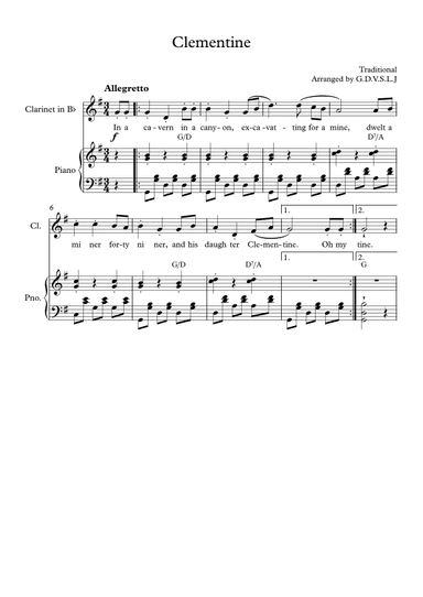 Clementine - Clarinet Bb + Piano Accompaniment (arr. G.D.V.S.L.J)