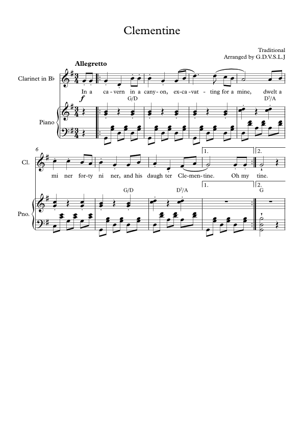 Clementine - Clarinet Bb + Piano Accompaniment (arr. G.D.V.S.L.J)