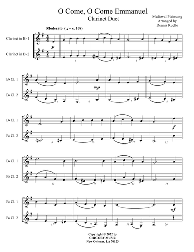 O Come, O Come Emmanuel -  Clarinet Duet -  Intermediate Level (arr. Dennis Ruello)