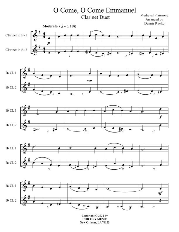 O Come, O Come Emmanuel -  Clarinet Duet -  Intermediate Level (arr. Dennis Ruello)
