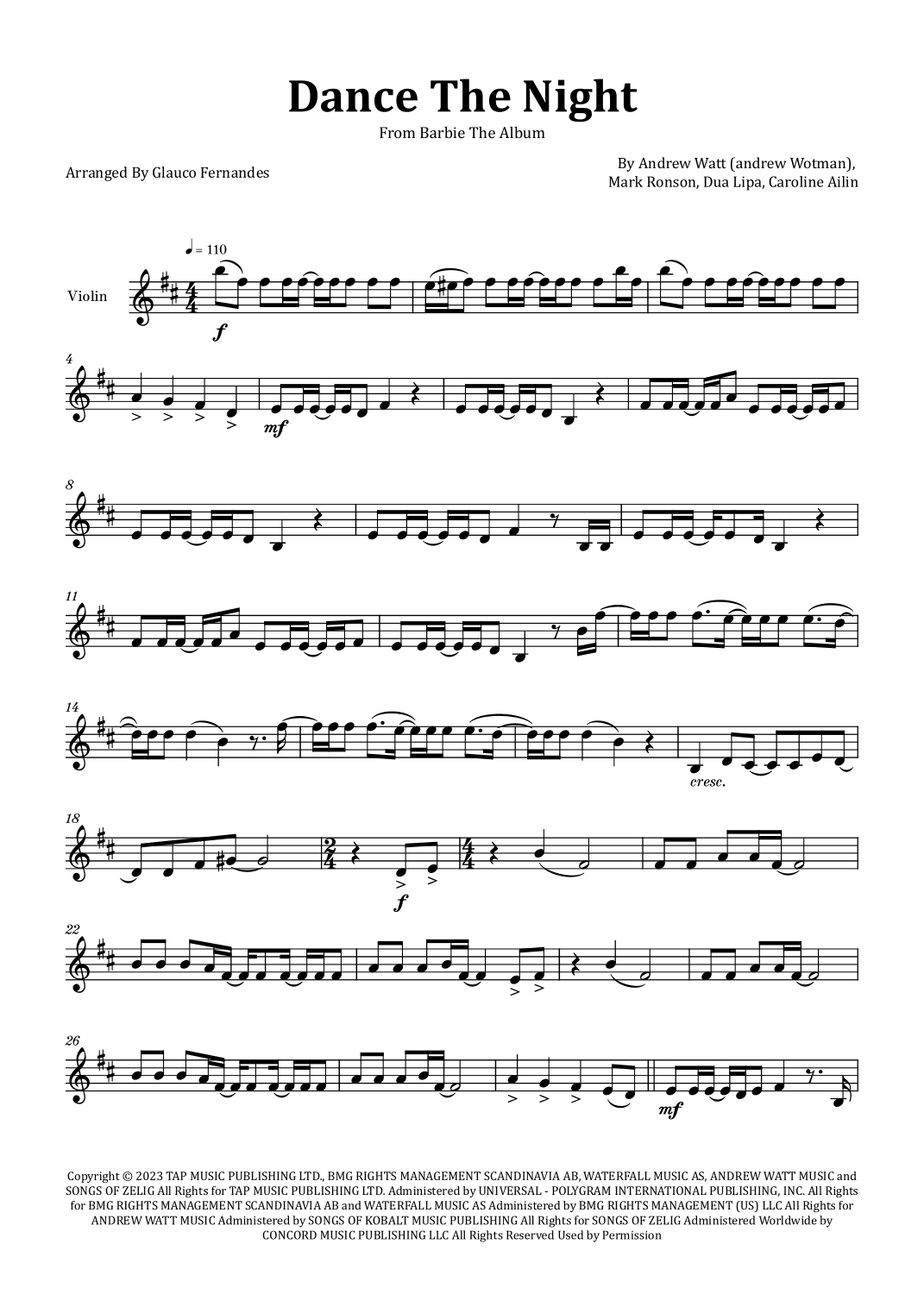 Dance The Night (arr. Glauco Fernandes)