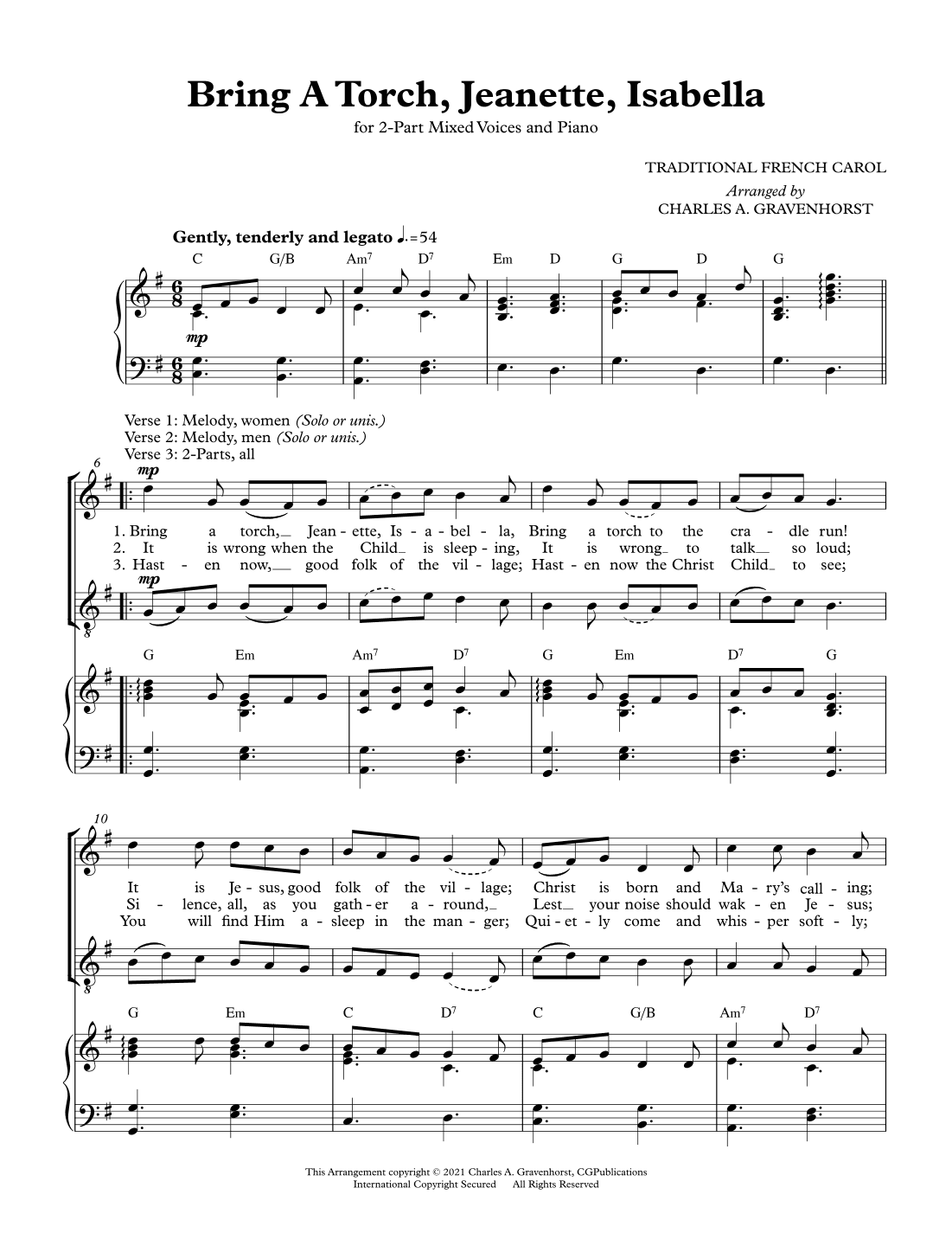 Bring A Torch, Jeanette, Isabella – 2-Part Mixed Voices and Piano (arr. Charles A. Gravenhorst)