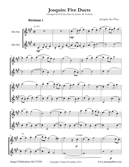 Josquin: Five Duets for Eb Sax Duo (arr. James M. Guthrie)