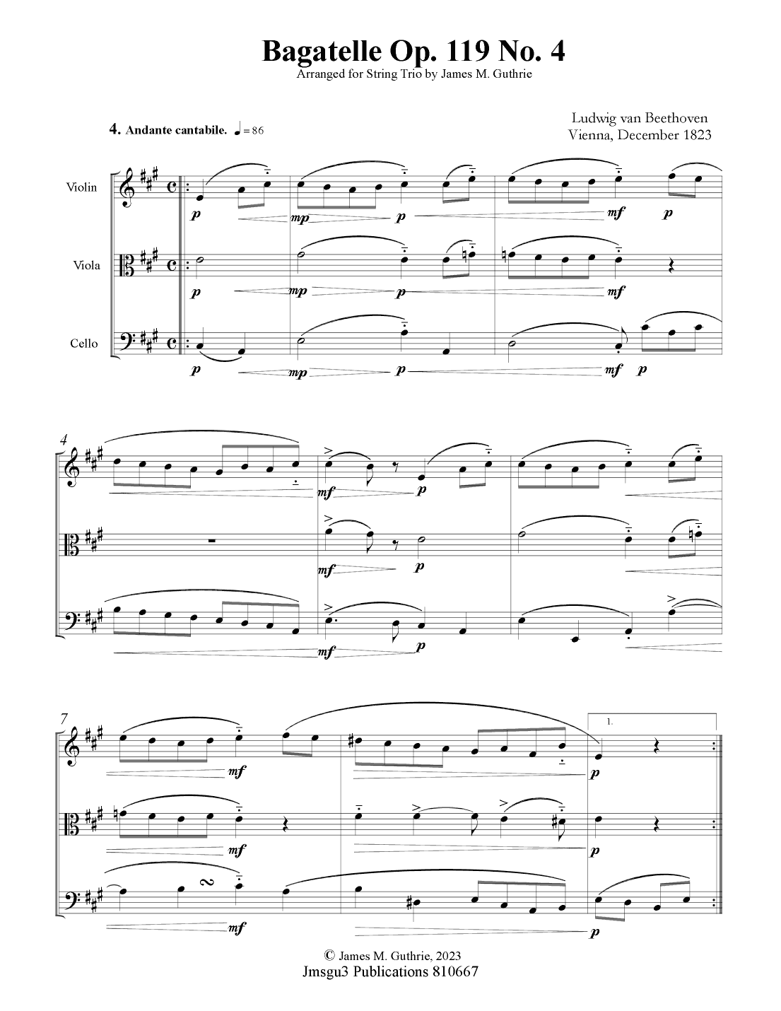 Beethoven: Bagatelle Op. 119 No. 4 for String Trio (arr. James M. Guthrie, ASCAP)