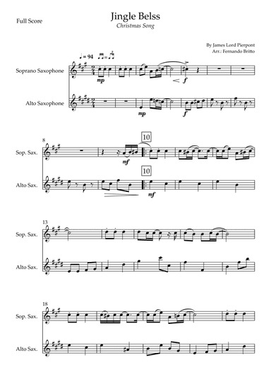 Jingle Bells - Jazz Version (Christmas Song) for Soprano Saxophone & Alto Saxophone Duo (arr. Fernando Britto)