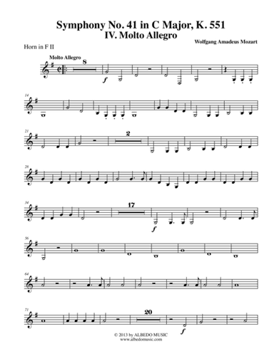 Mozart Symphony No. 41, Jupiter, Movement IV - Horn in F 2 (Transposed Part), K. 551 (arr. Doug Clyde)