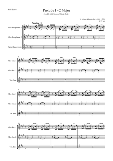 Prelude 1 in C Major BWV 846 (from Well-Tempered Clavier Book 1) for Saxophone Trio (arr. Fabio Britto)