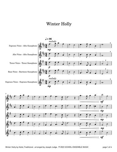 Winter Holly for Saxophone Quartet in Schools (arr. Joseph Judge)
