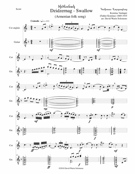 Swallow ԾԻԾԵՌՆԱԿ (Dzidzernag) arranged for cor anglais and guitar (arr. David Warin Solomons)