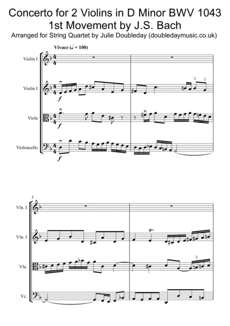 Bach Double Violin Concerto in D Minor for String Quartet (arr. Julie Doubleday)