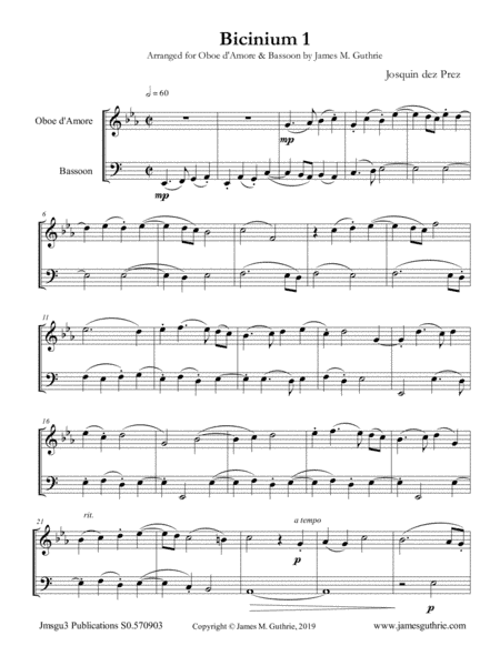 Josquin: Bicinium 1 for Oboe d'Amore & Bassoon (arr. James M. Guthrie)
