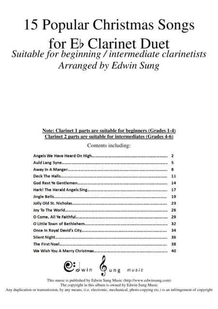 15 Popular Christmas Songs for Eb Clarinet Duet (Suitable for beginning / intermediate clarinetists) (arr. Edwin Sung)