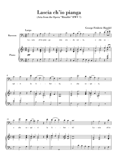 Lascia ch'io pianga (for Bassoon and Piano) Original Key F major (arr. Ahiva Editions)