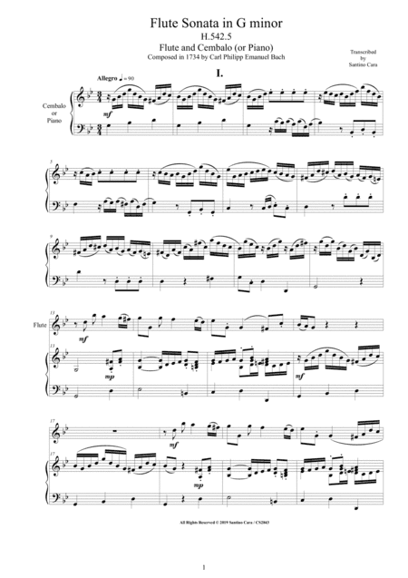 Bach CPE - Flute Sonata in G minor H542.5 for Flute and Cembalo (or Piano) (arr. Santino Cara)