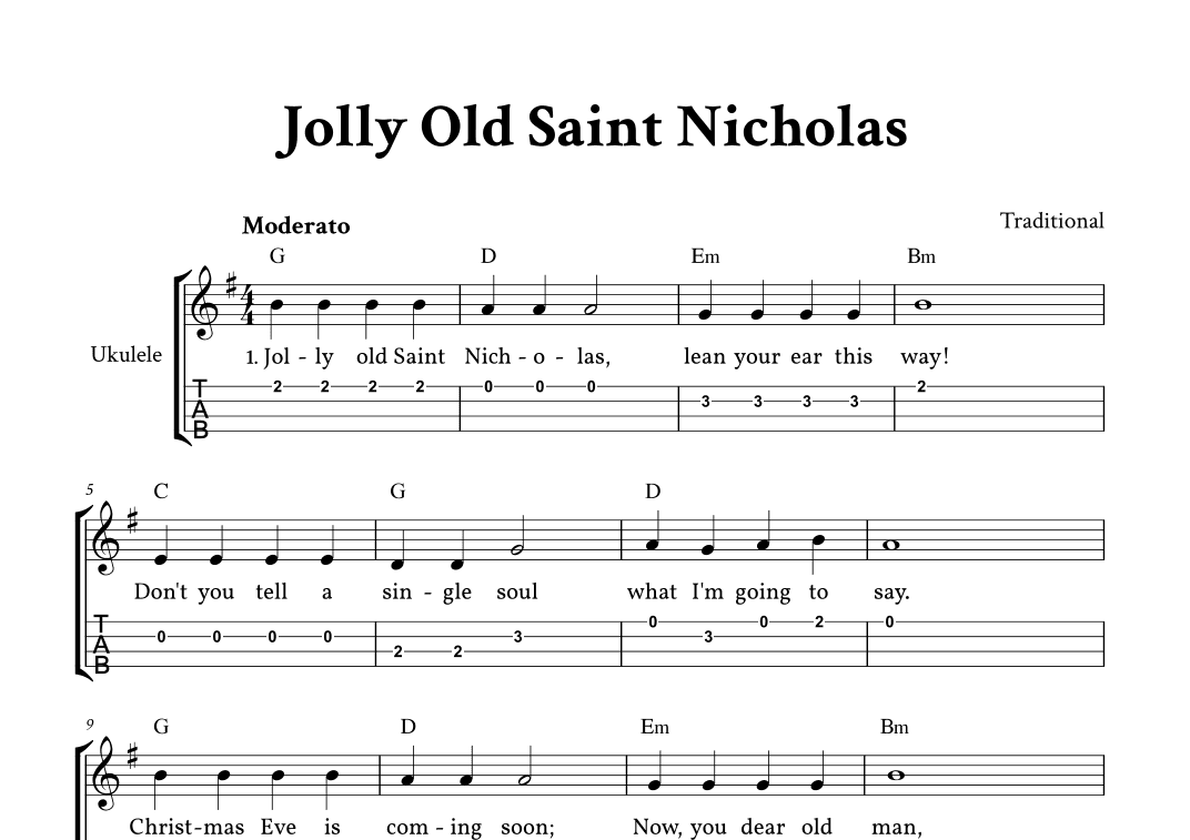 Jolly Old Saint Nicholas - For Ukulele (G Major - with TAB, Chords and Full Lyrics) (arr. Yuri Noronha)