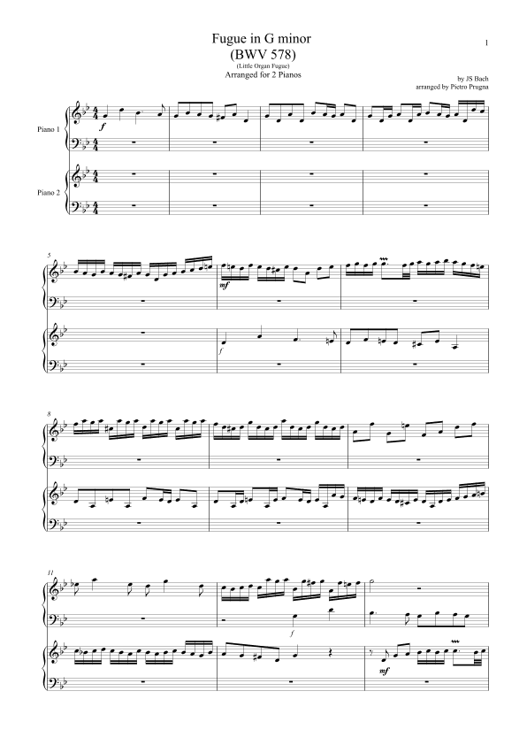 Fugue in G minor (BWV 578) ("Little Organ Fugue") by JS Bach - Arranged for 2 pianos (arr. Pietro Prugna)