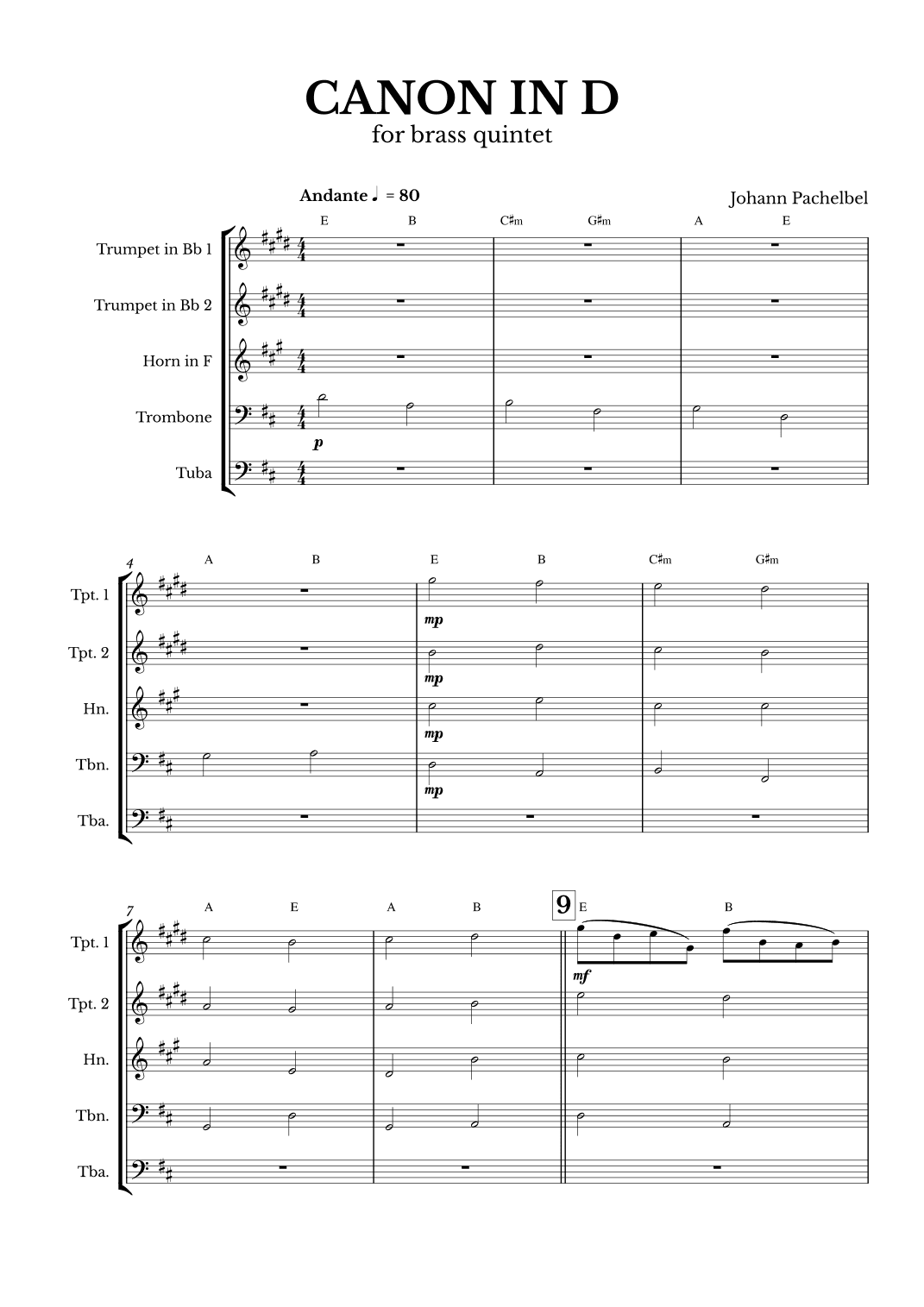 Canon in D for Brass Quintet with chords (arr. Maurício Luz)