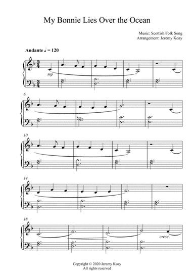 My Bonnie Lies Over the Ocean (beginner and early intermediate - solo piano) (arr. Jeremy Koay)