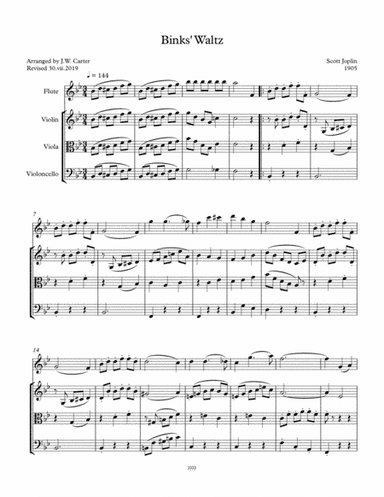 Bink's Waltz, by Scott Joplin (1905), arranged for Flute & String Trio (arr. J.W. Carter)