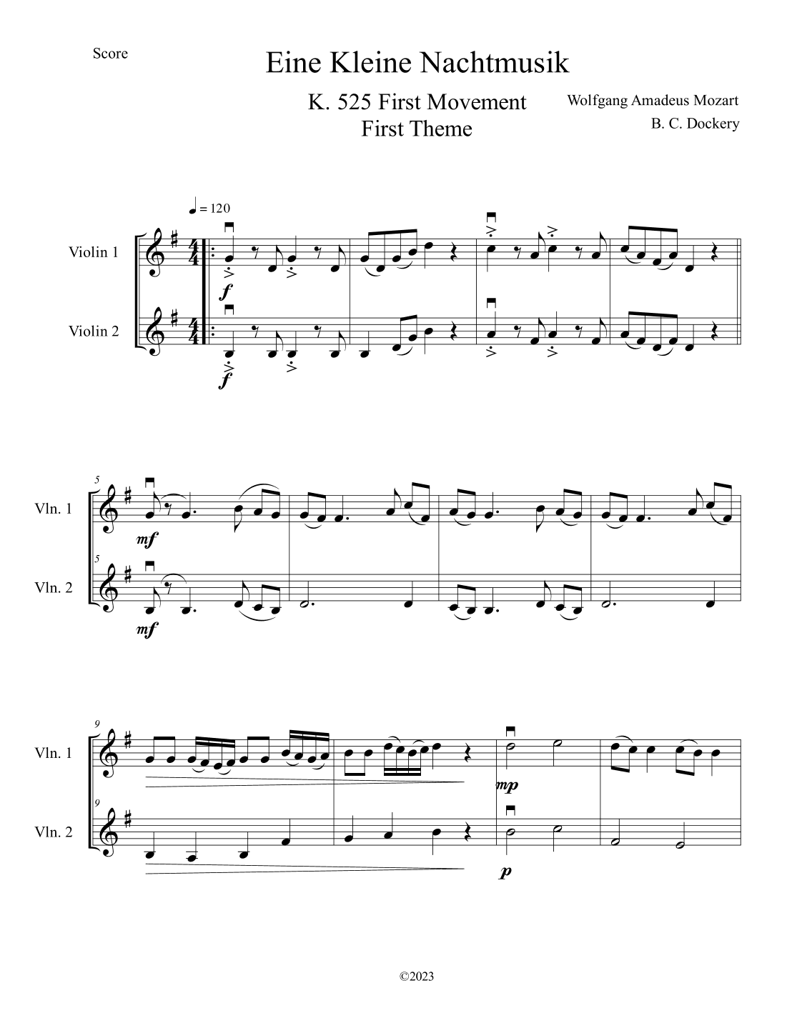 Eine Kleine Nachtmusik (A Little Night Music) for Violin Duet (arr. B. C. Dockery)