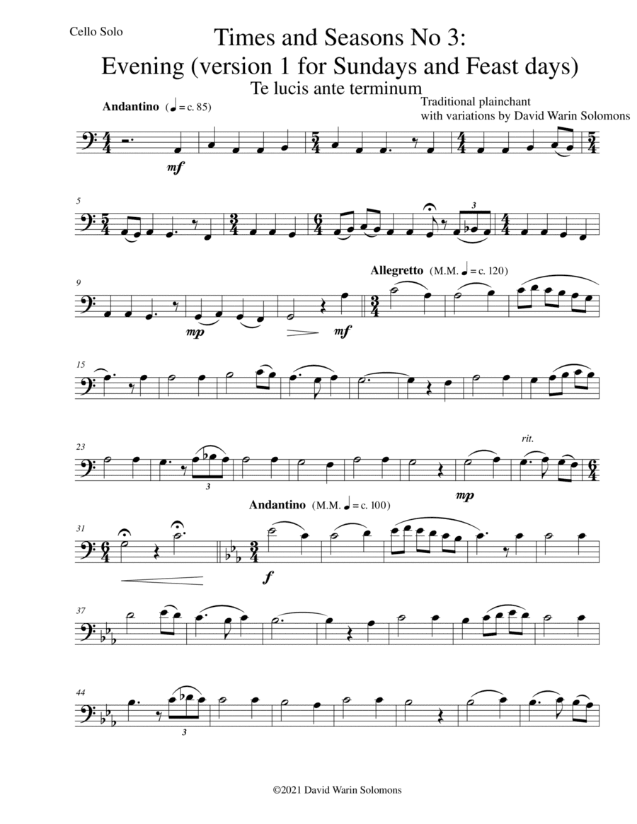Times and Seasons for cello solo No 3: Evening (version 1 for Sundays and Feast days) (arr. David Warin Solomons)