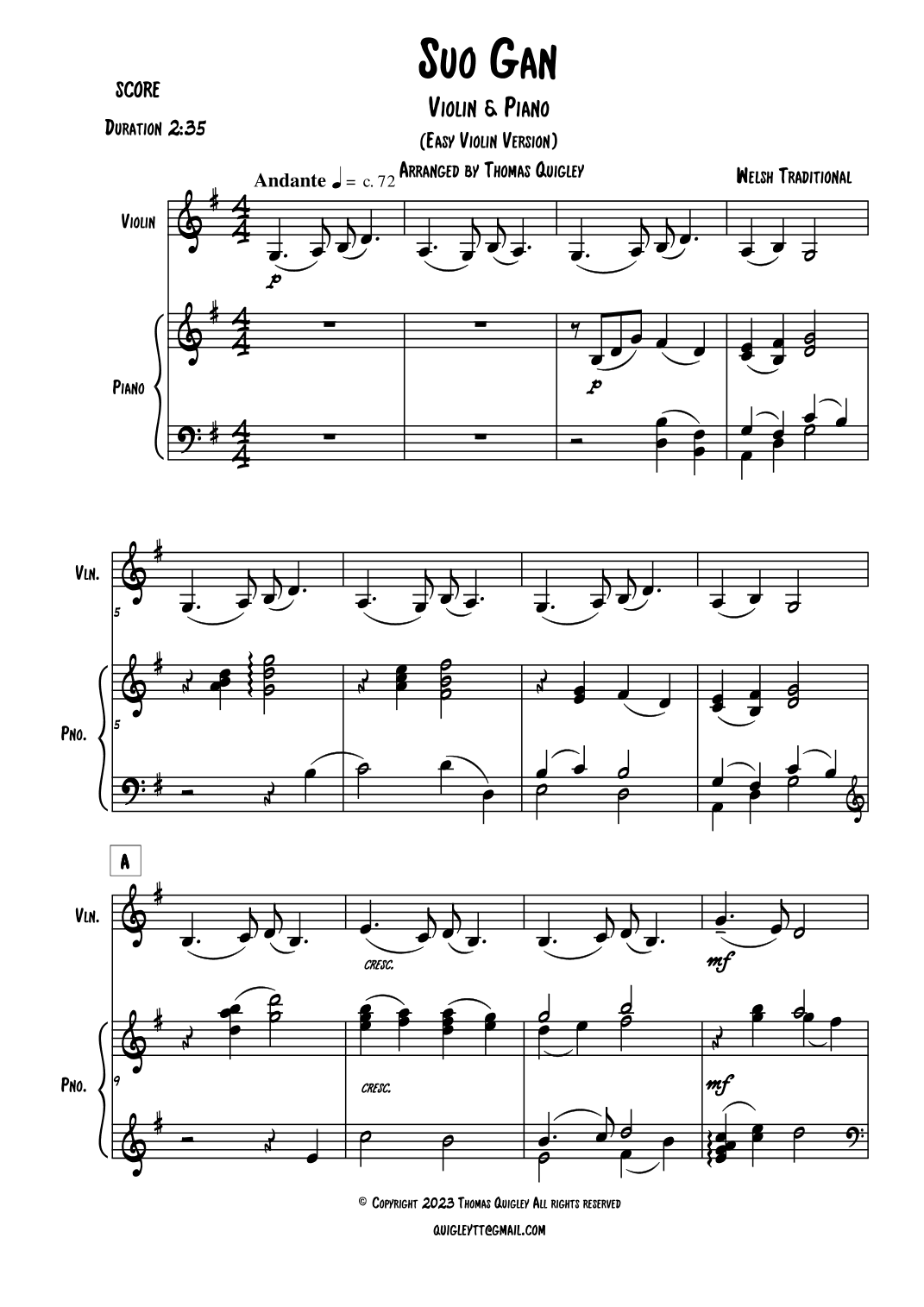 Suo Gân (Easy Violin Version) (arr. Thomas Quigley)