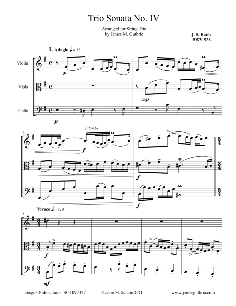 BACH: Trio Sonata No. 4 BWV 528 for String Trio (arr. James M. Guthrie)