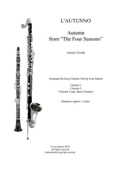 Autunno - Autumn from The Four Seasons - Antonio Vivaldi - for Easy Clarinet Trio (opt. Bass) (arr. Ivan Marini)